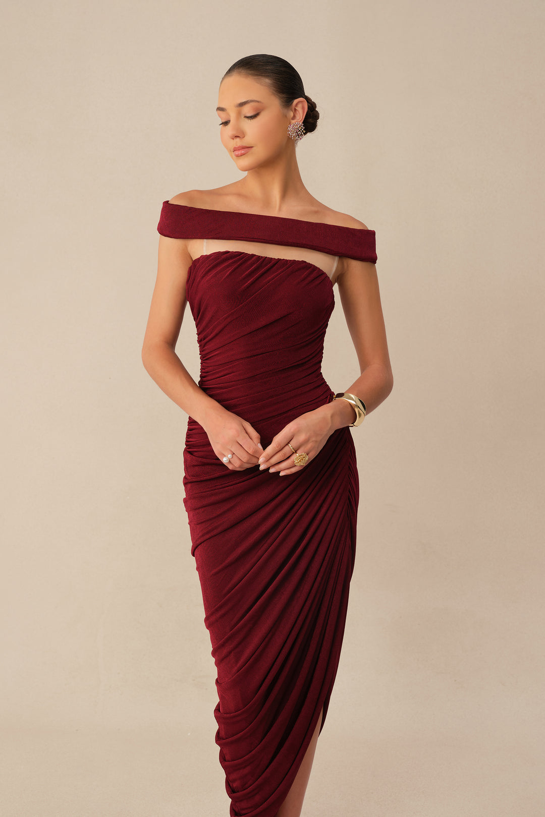 Burgundy Off-Shoulder Side Slit Knit Maxi Dress Fit - KYMA