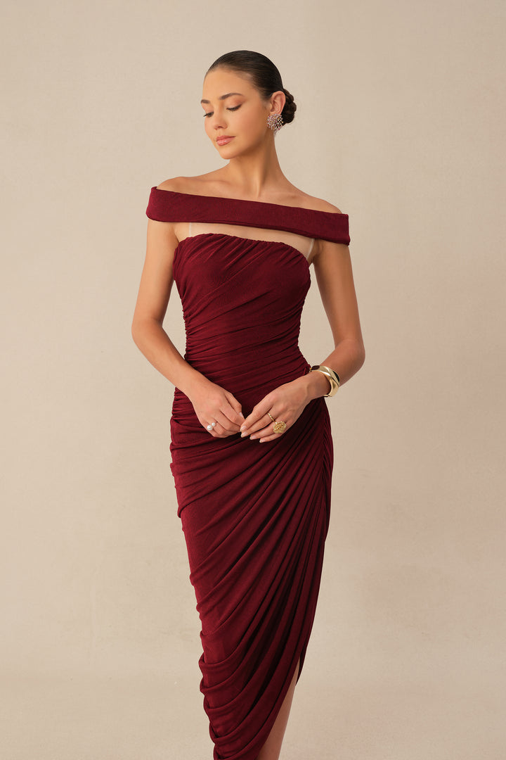 Burgundy Off-Shoulder Side Slit Knit Maxi Dress Fit - KYMA