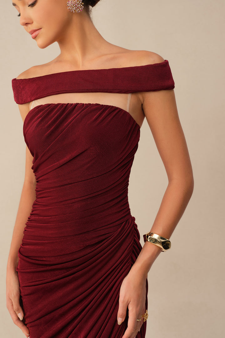 Burgundy Off-Shoulder Side Slit Knit Maxi Dress Detail - KYMA