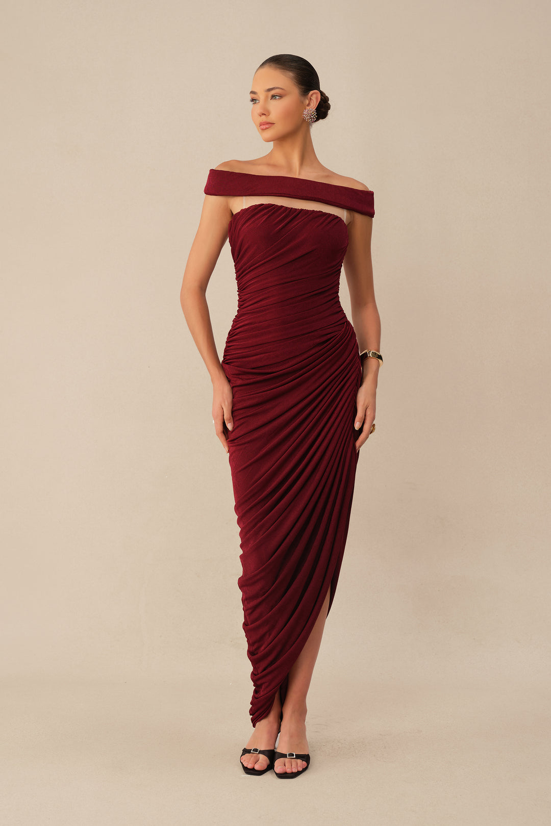 Burgundy Off-Shoulder Side Slit Knit Maxi Dress Silhouette - KYMA