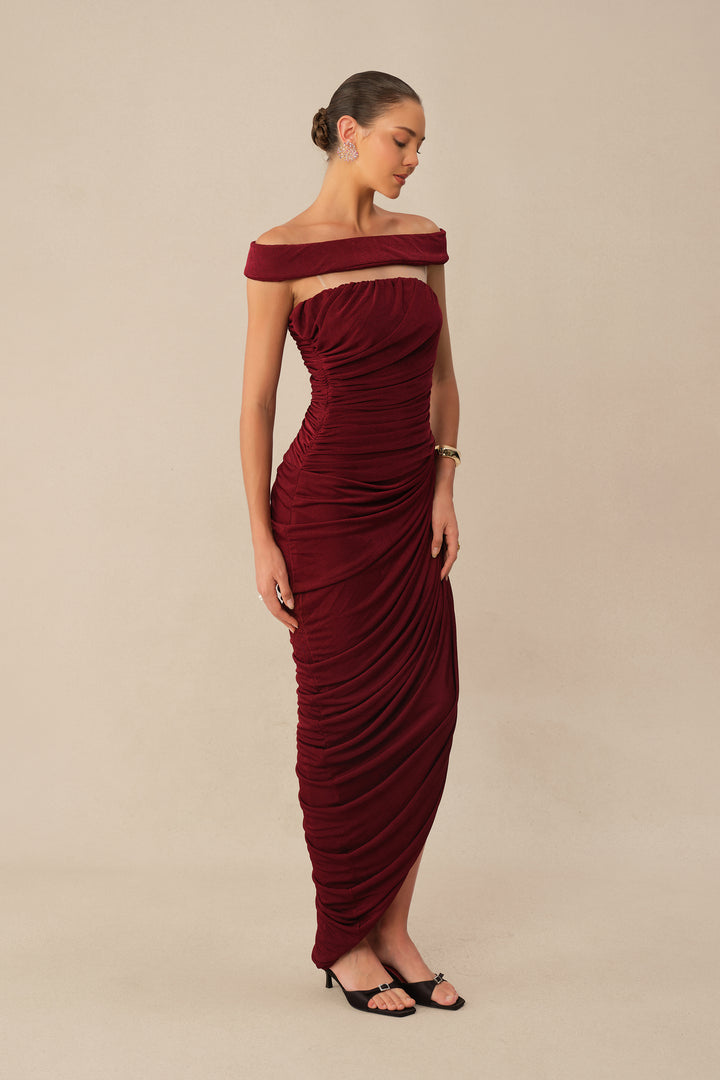 Burgundy Off-Shoulder Side Slit Knit Maxi Dress Back View - KYMA