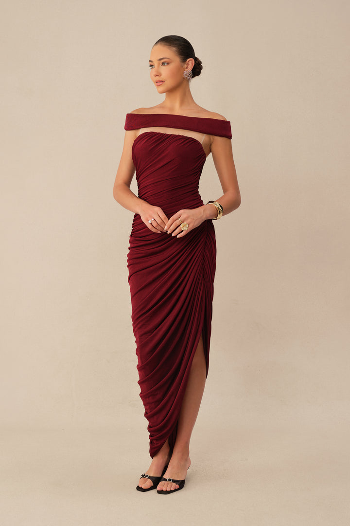 Burgundy Off-Shoulder Side Slit Knit Maxi Dress Fabric - KYMA