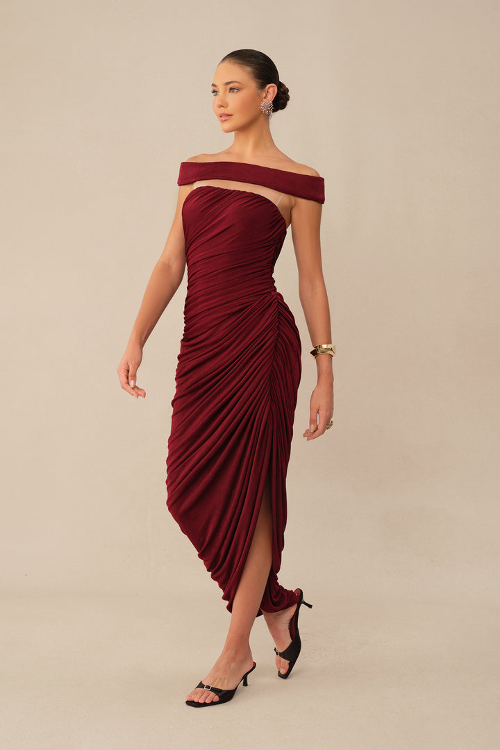 Burgundy Off-Shoulder Side Slit Knit Maxi Dress Styling - KYMA