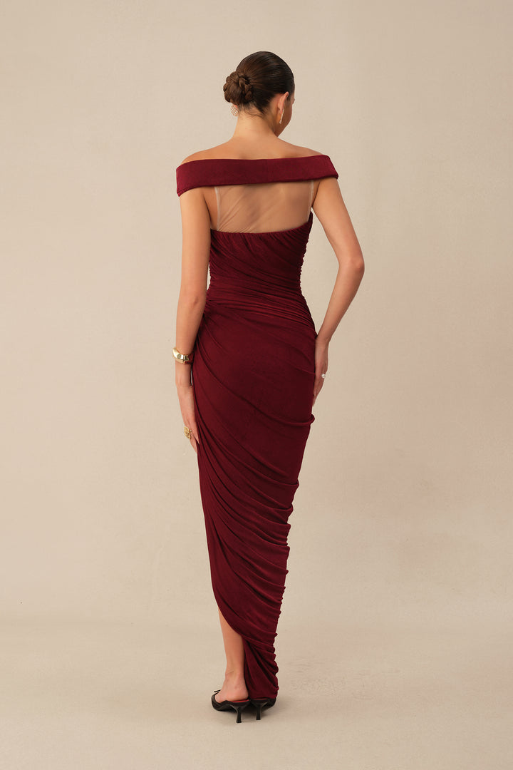 Burgundy Off-Shoulder Side Slit Knit Maxi Dress Close-up - KYMA