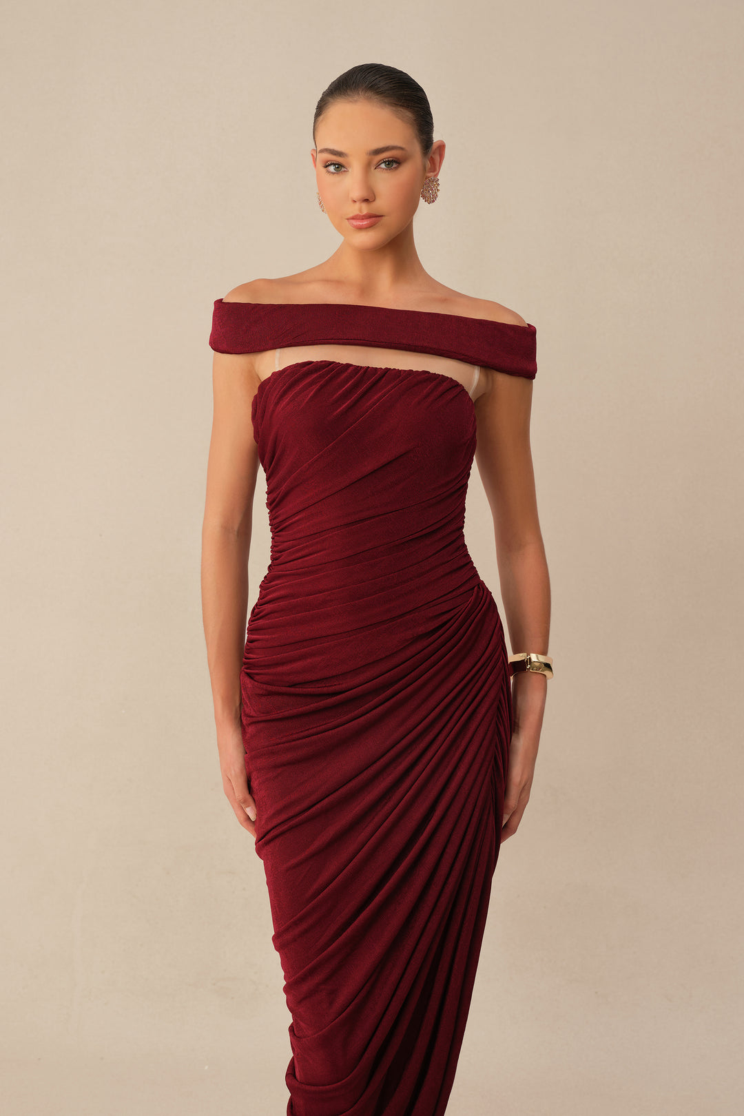 Burgundy Off-Shoulder Side Slit Knit Maxi Dress Occasion - KYMA
