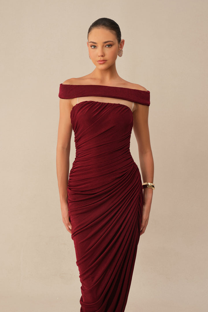 Burgundy Off-Shoulder Side Slit Knit Maxi Dress Occasion - KYMA