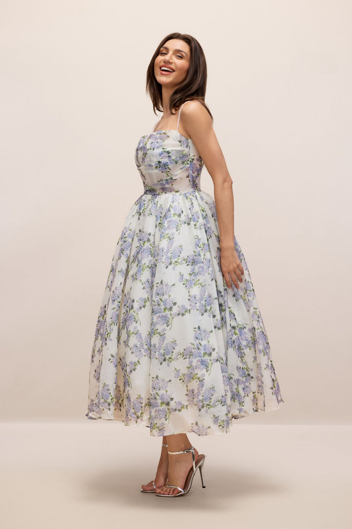 Ella Geblümtes Chiffon Midi-Kleid Detail Rock - KYMA