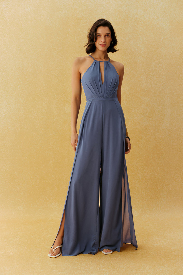 Blauer Neckholder Jumpsuit mit weitem Bein und Schlitz - KYMA