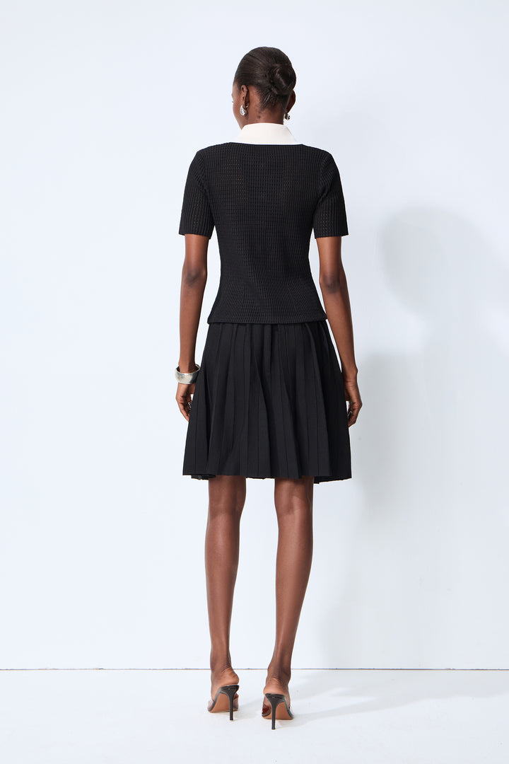 Simple Look Black Contrast Collar Knit Top Pleated Skirt Set Fabric
