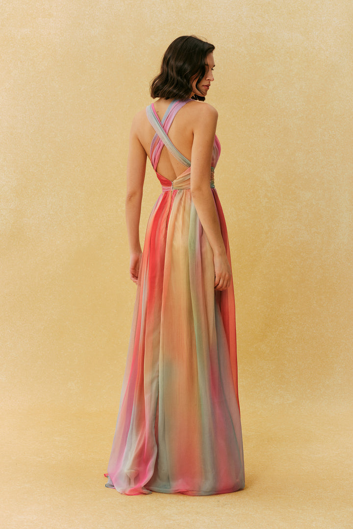 Sunset Society Multi Gradient V Neck Maxi Dress Detail - KYMA