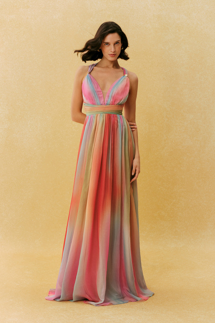 Sunset Society Multi Gradient V Neck Maxi Dress Fabric - KYMA