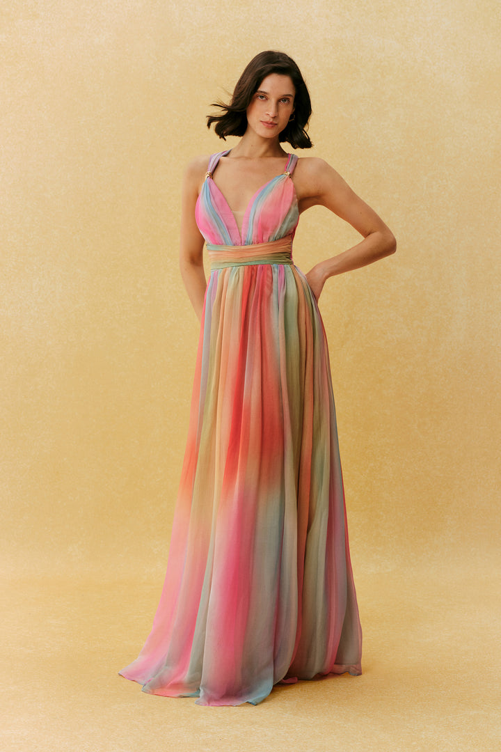 Sunset Society Multi Gradient V Neck Maxi Dress Model - KYMA