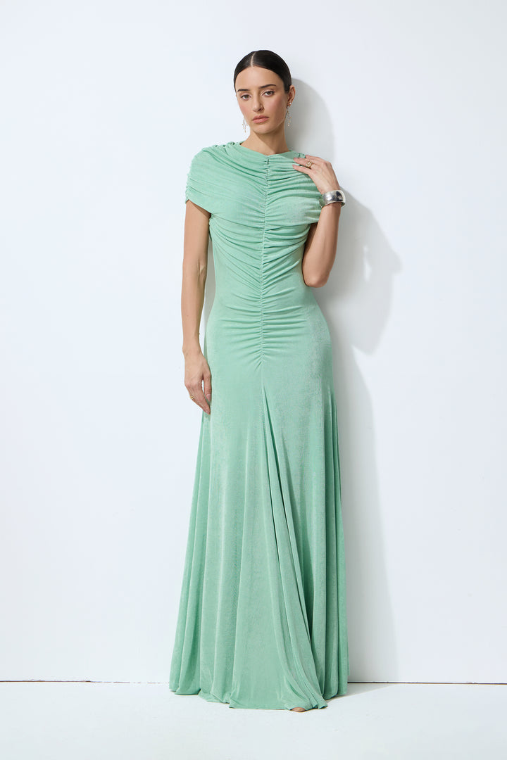 Grünes gerafftes Maxikleid mit kleinen Ärmeln - KYMA