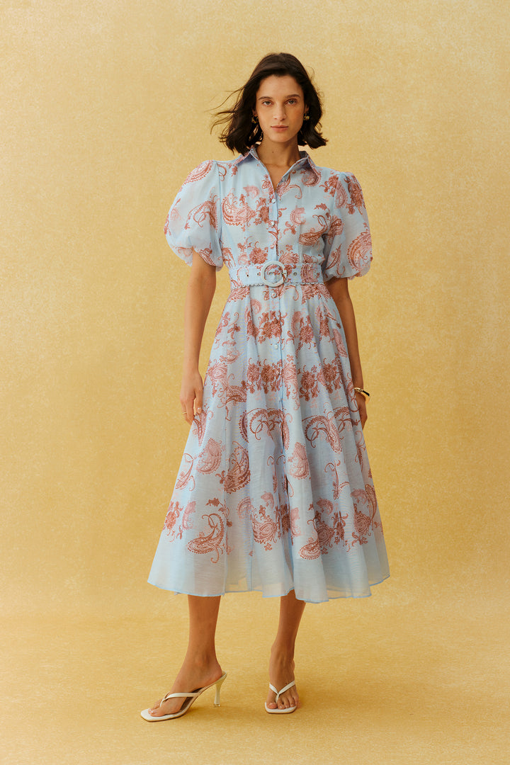 Blaues Paisley-Print Midi-Kleid mit Puffärmeln - KYMA
