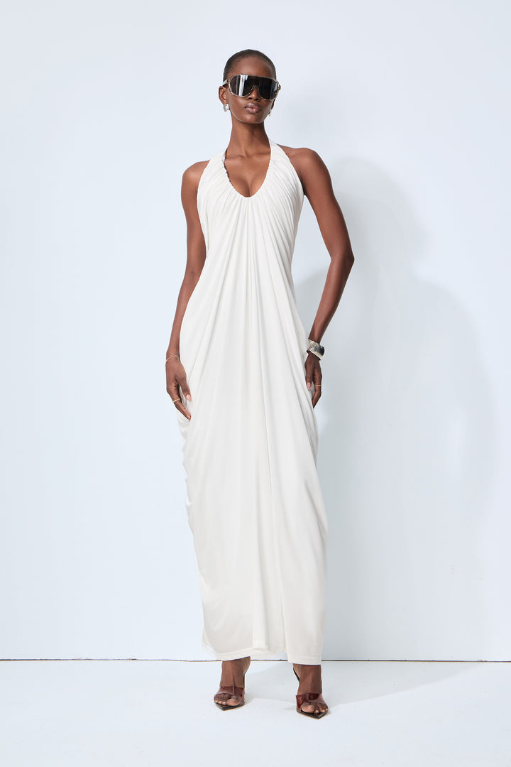 Weißes Neckholder Maxikleid mit Drapierung - KYMA