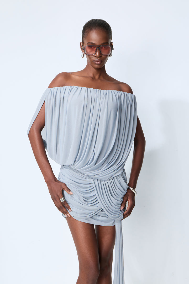 Lights Down Low Blue Off-Shoulder Ruched Mini Dress