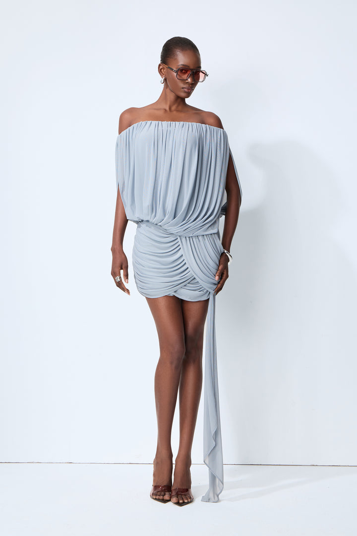 Lights Down Low Blue Off-Shoulder Ruched Mini Dress Model