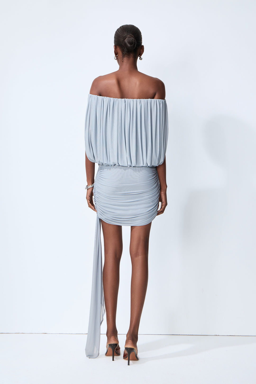 Lights Down Low Blue Off-Shoulder Ruched Mini Dress Close-up