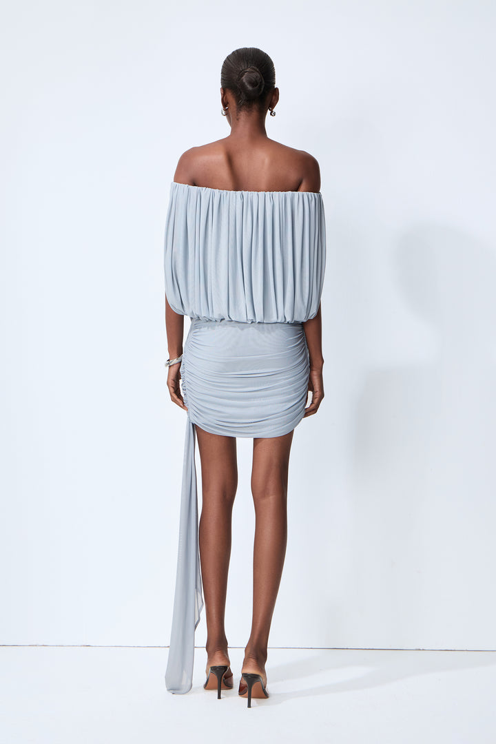 Lights Down Low Blue Off-Shoulder Ruched Mini Dress Close-up