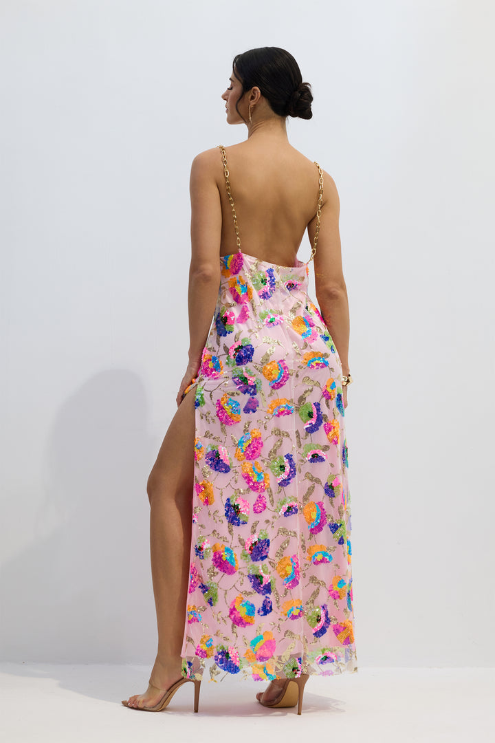 Fanny besticktes Pailletten-Rückenfreies Maxikleid mit Metallkette 3