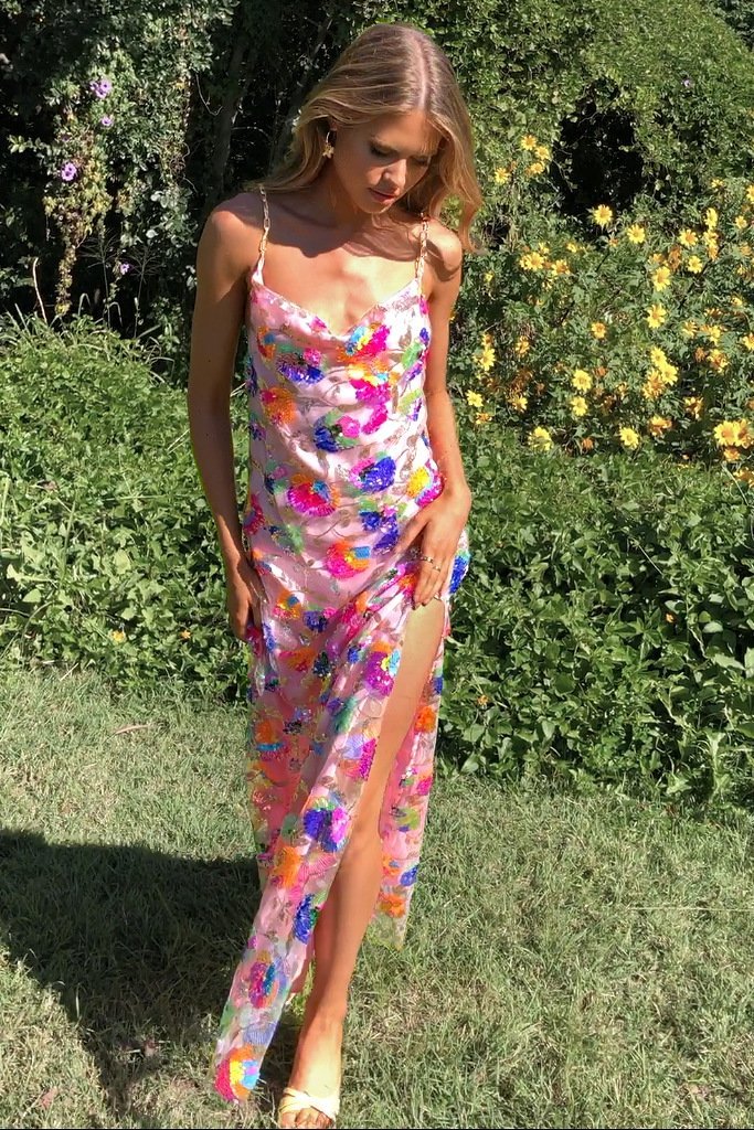 Fanny besticktes Pailletten-Rückenfreies Maxikleid mit Metallkette 9