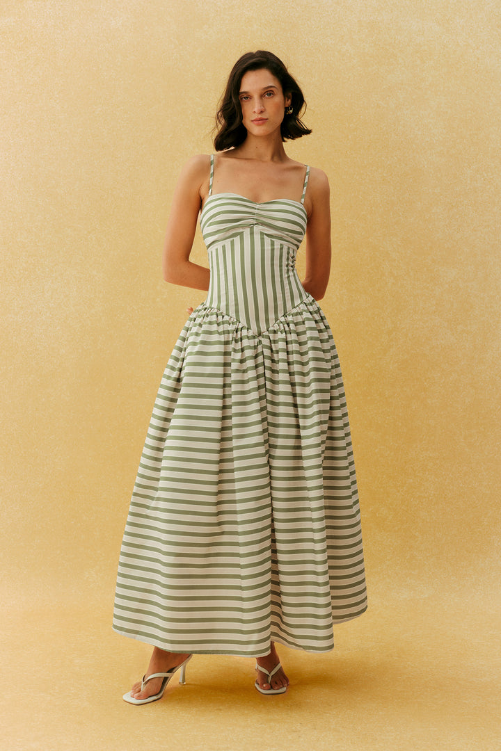 Beiges gestreiftes Maxikleid, Oberteil mit Korsett-Detail - KYMA