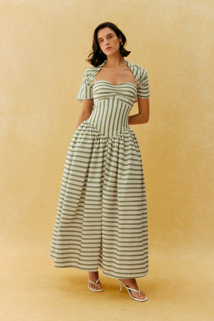 Beiges gestreiftes Maxikleid, Rückansicht mit Schnürung - KYMA