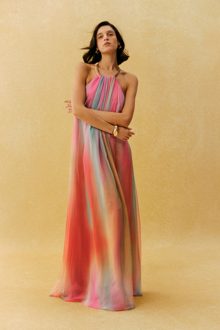 Glamorous Sweetie Multi Metal Halter Gradient Maxi Dress Detail - KYMA