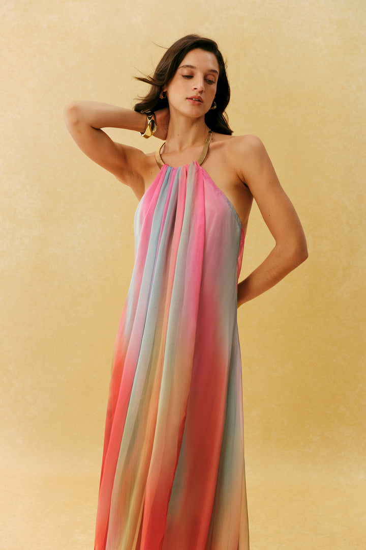 Glamorous Sweetie Multi Metal Halter Gradient Maxi Dress Back - KYMA