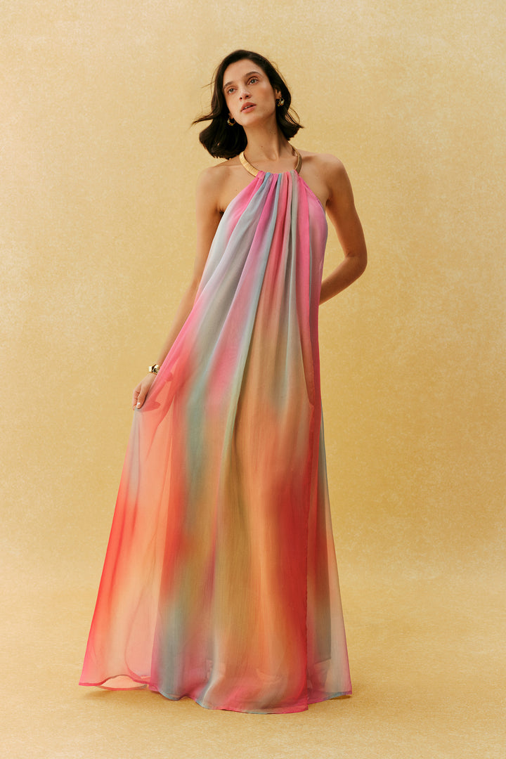 Glamorous Sweetie Multi Metal Halter Gradient Maxi Dress Fabric - KYMA