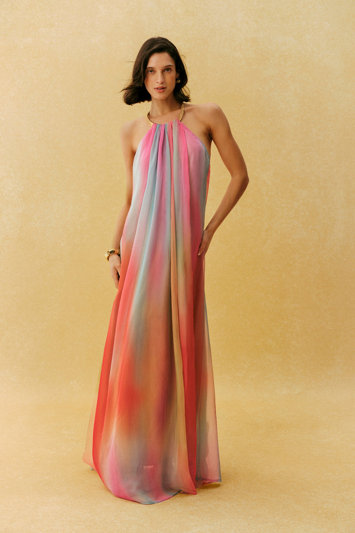 Glamorous Sweetie Multi Metal Halter Gradient Maxi Dress Model - KYMA