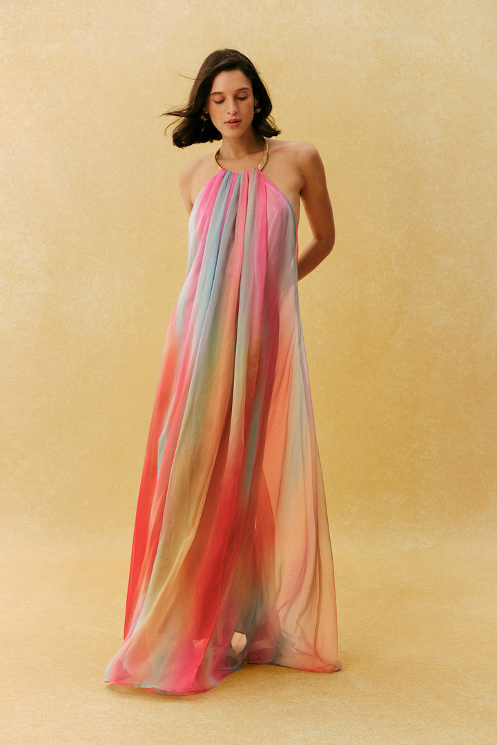 Glamorous Sweetie Multi Metal Halter Gradient Maxi Dress Flowy - KYMA