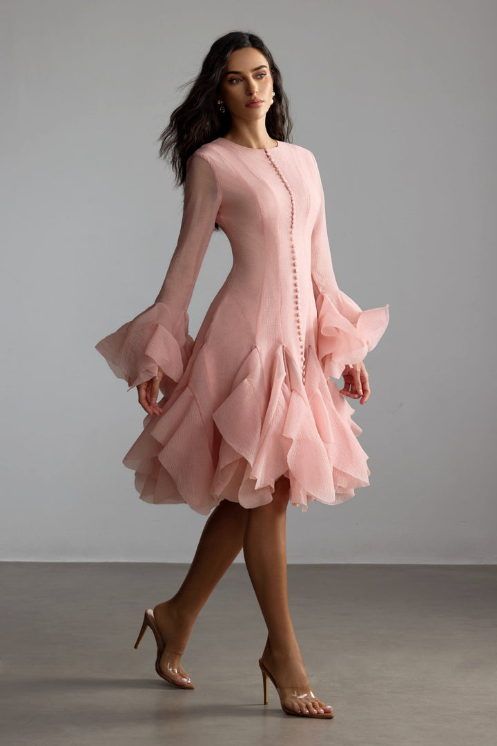 Gloria langes Ärmel Midi-Kleid mit ausgestelltem Saum – Ausschnitt – KYMA
