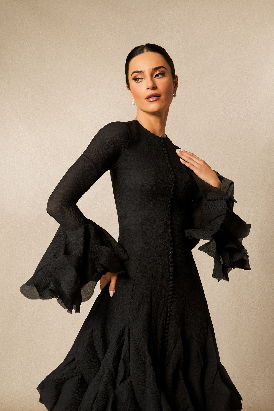 Gloria langes Ärmel Midi-Kleid mit ausgestelltem Saum – Anlass – KYMA