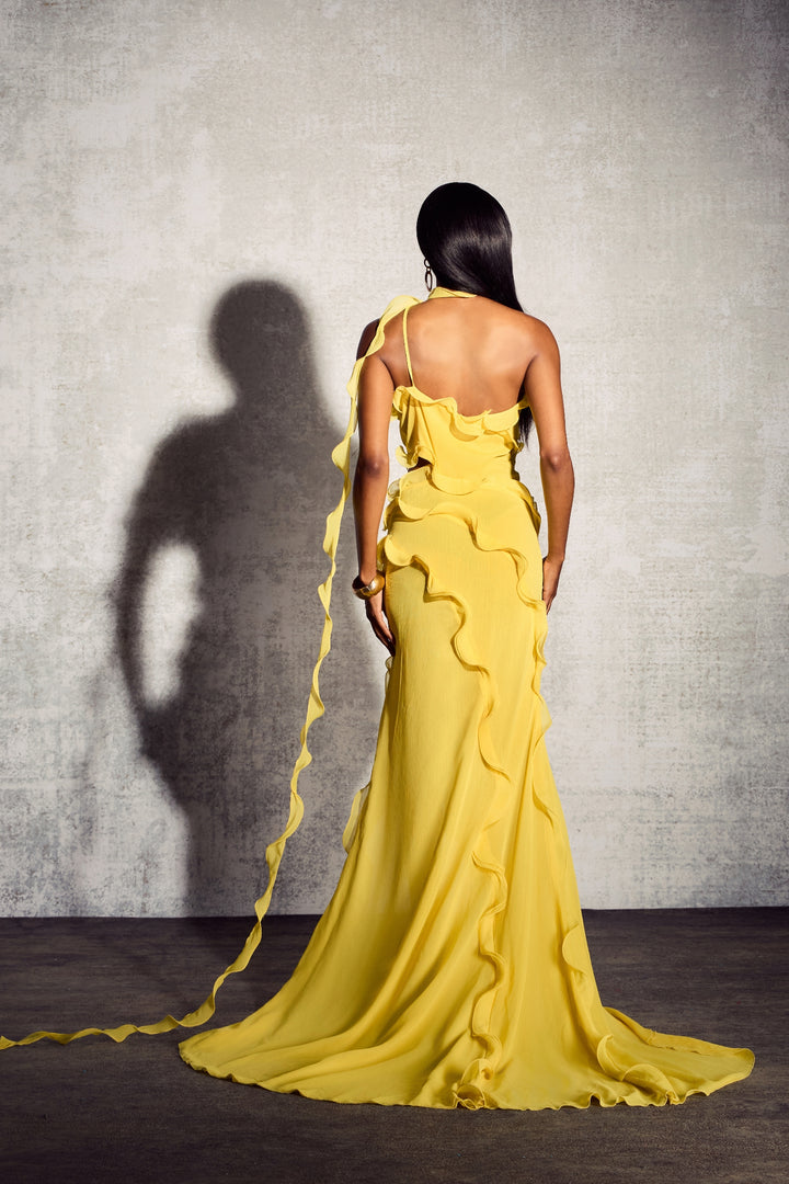 Gloria One-Shoulder Rüschen Maxi-Chiffonkleid Detail Ansicht