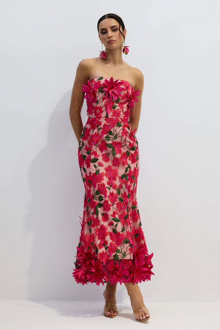 Gloria trägerloses Maxi-Kleid mit Blumenstickerei vorne