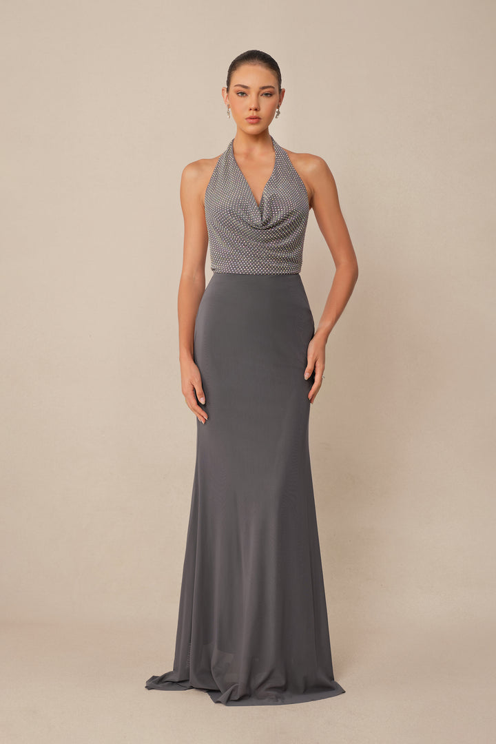 Graues Strass-besetztes Neckholder-Maxikleid - KYMA