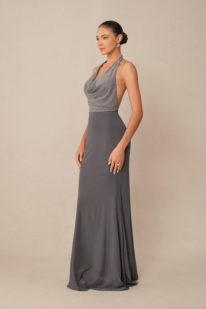 Graues Strass-besetztes Neckholder-Maxikleid Rockpartie - KYMA