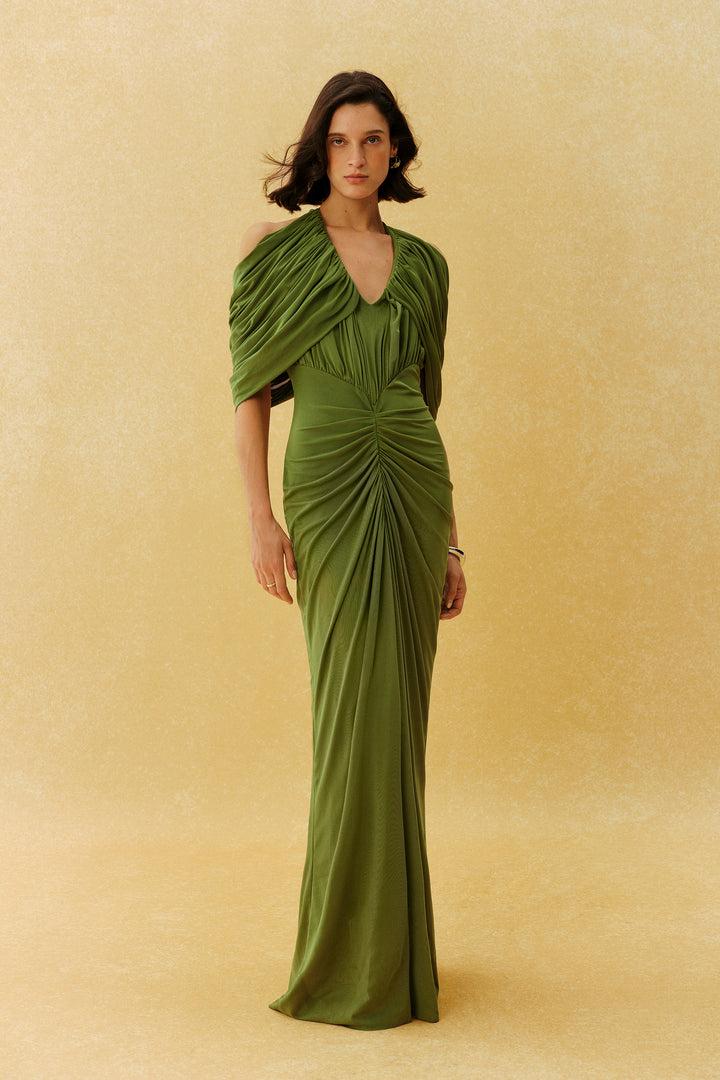 Grünes drapiertes V-Ausschnitt Maxi-Kleid mit Raffung - KYMA