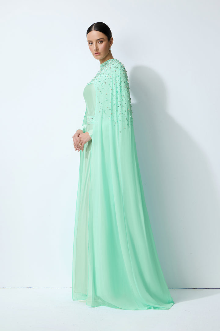 Hellgrünes Perlen-Cape und Kleid Set Rückansicht - KYMA