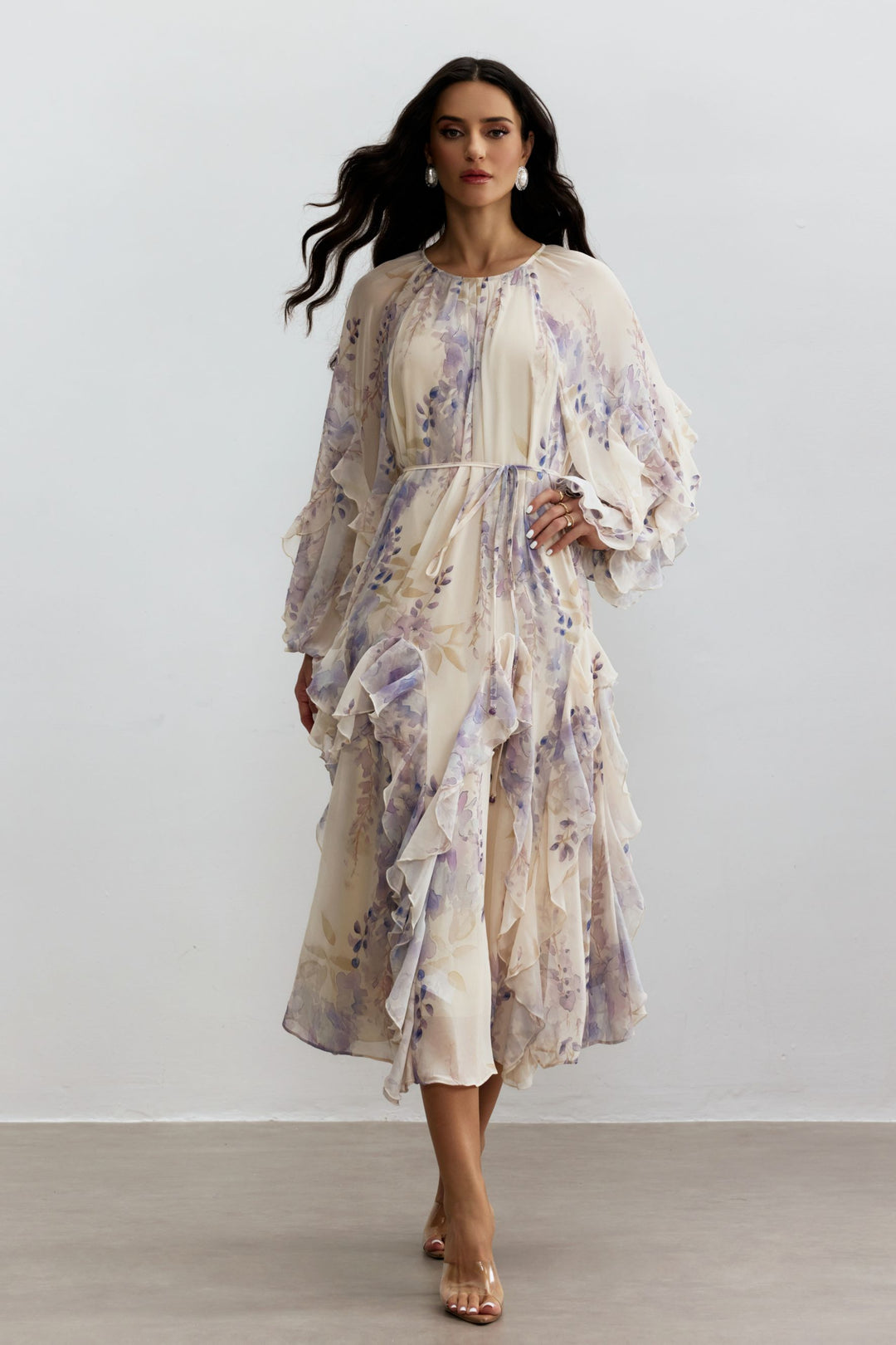 Idelle Blumenprint-Midirüschenkleid mit Puffärmeln - KYMA