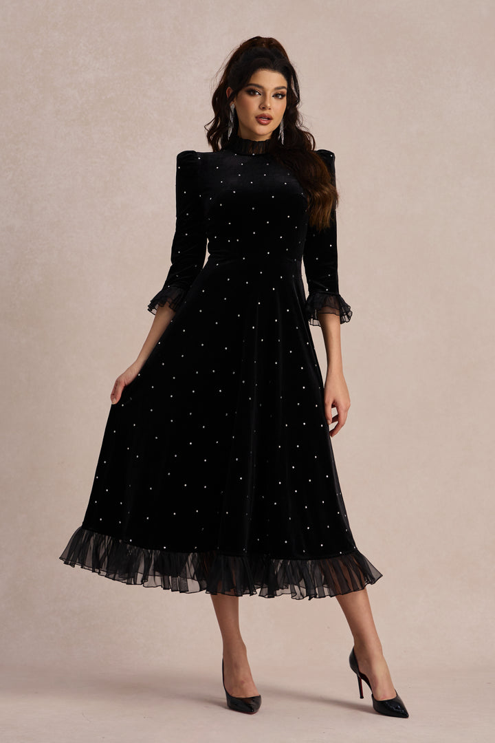Jolie Diamante Rüschen Samt Maxikleid Stoff-Drapierung KYMA
