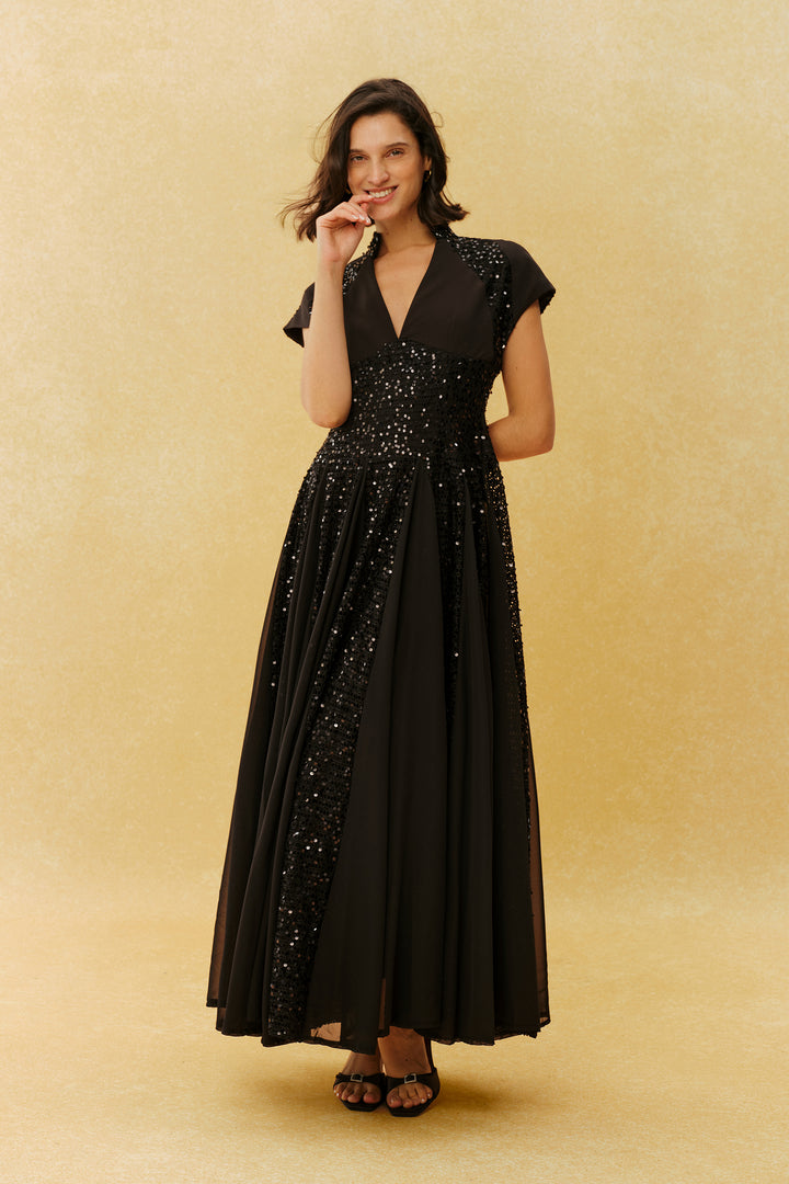 Just Enough Schwarzes Pailletten-Maxikleid mit V-Ausschnitt und Flügelärmeln – Seitenansicht