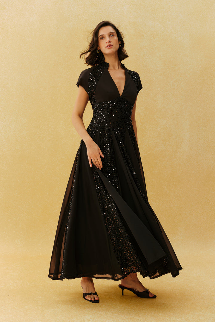 Just Enough Schwarzes Pailletten-Maxikleid mit V-Ausschnitt und Flügelärmeln – Rockpartie
