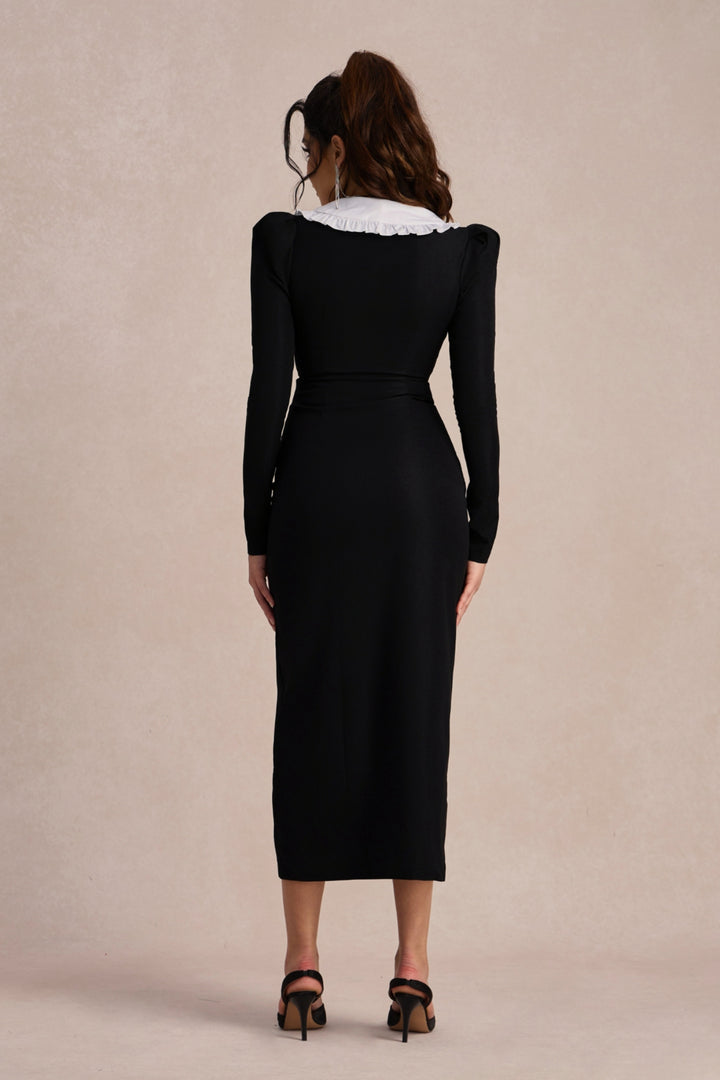 Detailansicht Ärmel Kathy Peter Pan Kragen V-Ausschnitt Midi-Kleid - KYMA