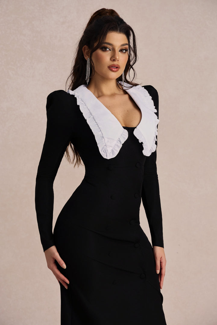 Kathy Peter Pan Collar V Neck Midi Dress White, Nahaufnahme des Kragen- und Ausschnittbereichs – KYM