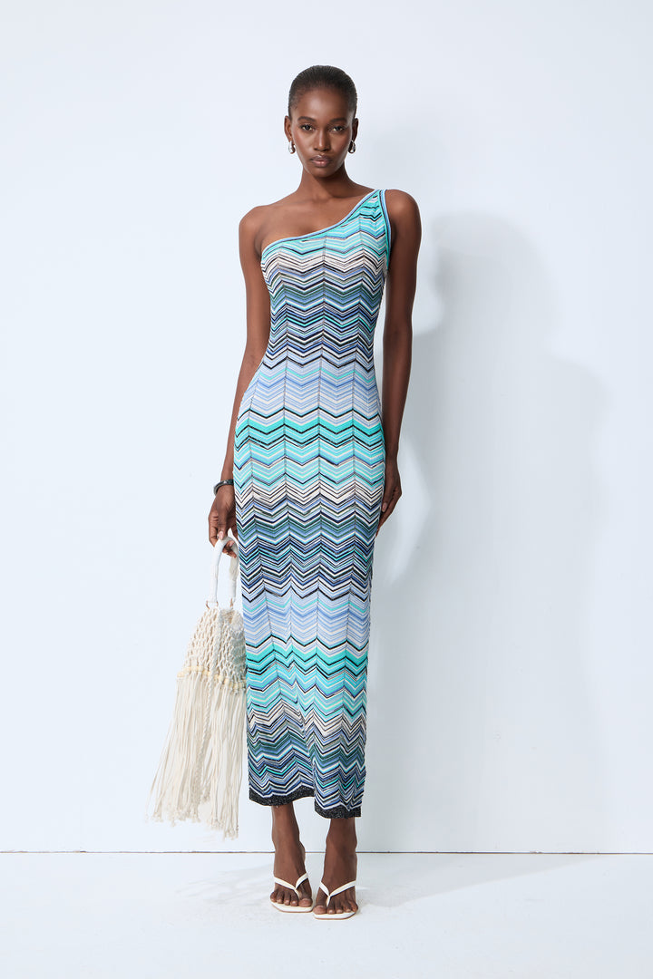 Blaues One-Shoulder Maxikleid mit Chevron-Muster - KYMA