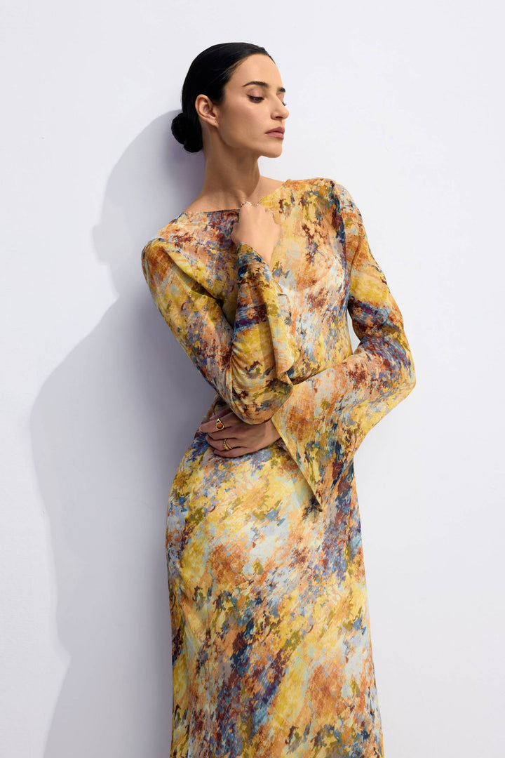Lane Print Maxi-Kleid mit ausgestellten Ärmeln Stoffdetail - KYMA