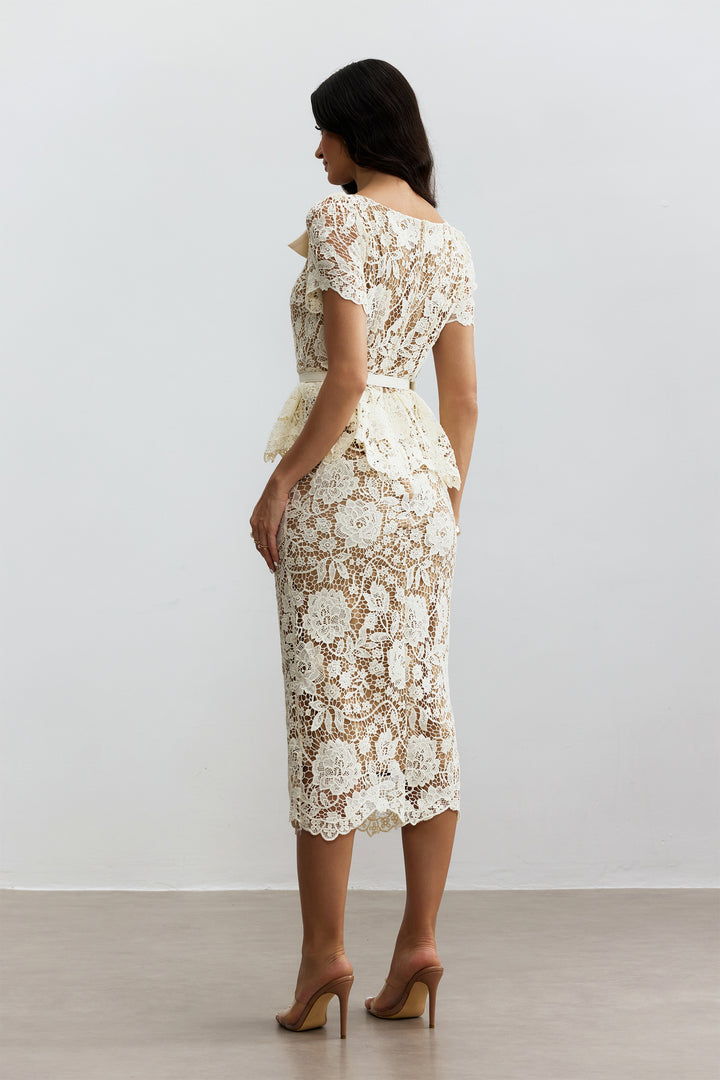 Larina elegantes Blumen-Spitzen Midikleid – KYMA