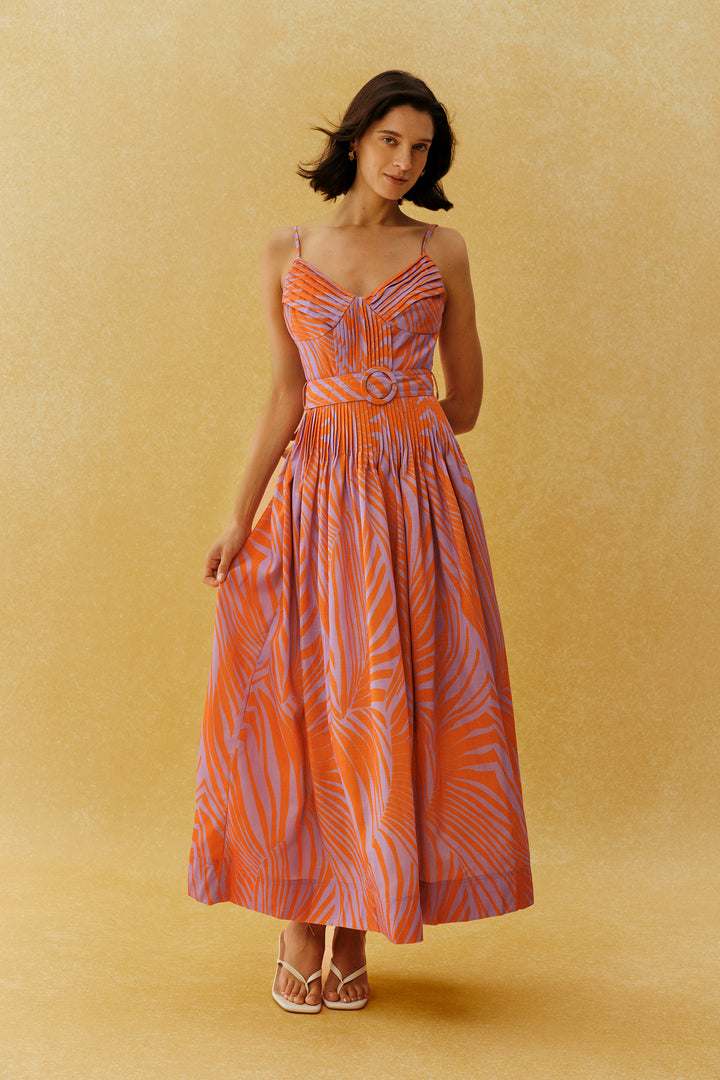 Maxikleid mit Blattprint und Faltenrock - KYMA